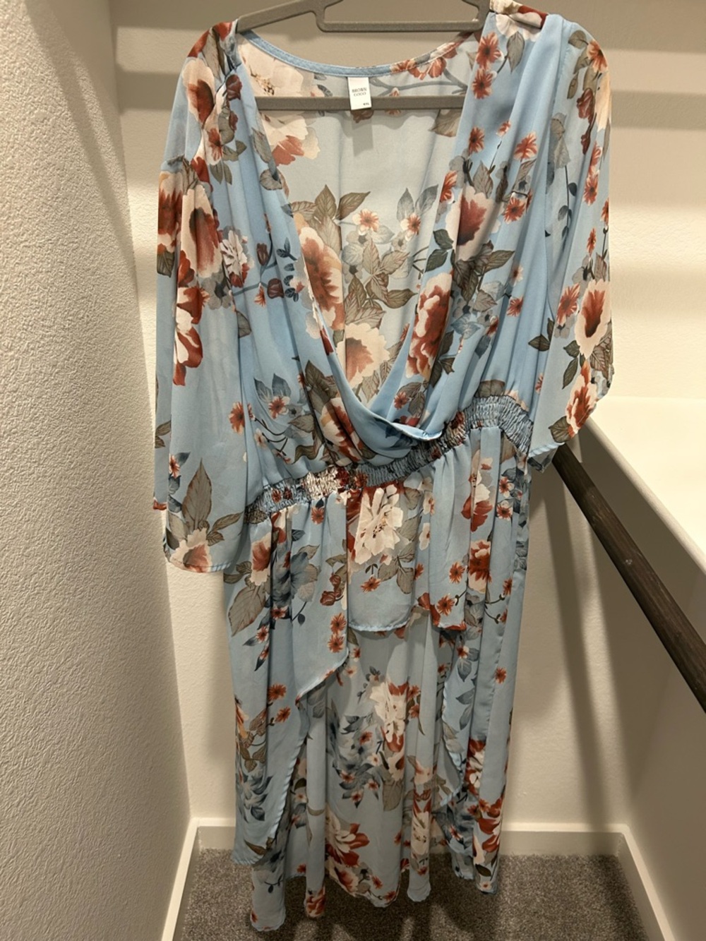 Plus Size 4XL Blue Floral Wrap Dress Boho Flowy Midi